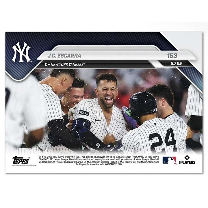 2025 Topps Now J.C. Escarra Rookie Card #153 showing NY Yankees player celebrating first career walk-off