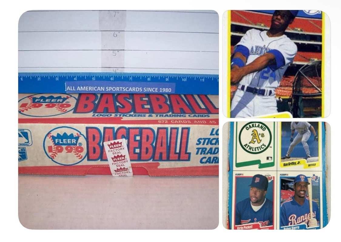 1990 Fleer Baseball Factory Set sealed box with 672 cards and 45 stickers featuring Ken Griffey Jr rookie year