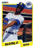 1990 Fleer Baseball Factory Set Ken Griffey Jr rookie card with Seattle Mariners uniform and stadium background