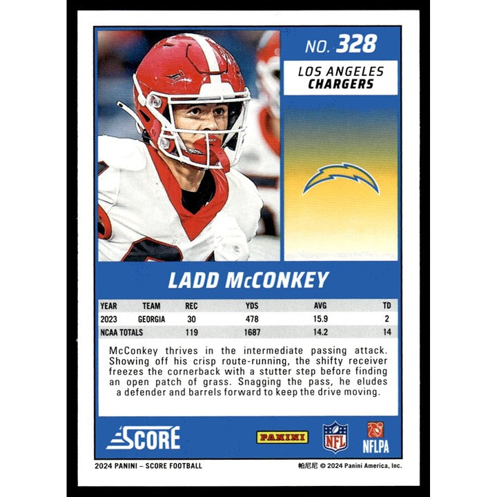 Ladd McConkey RC 2024 Score Football rookie card #328 Georgia Bulldogs Los Angeles Chargers mint condition