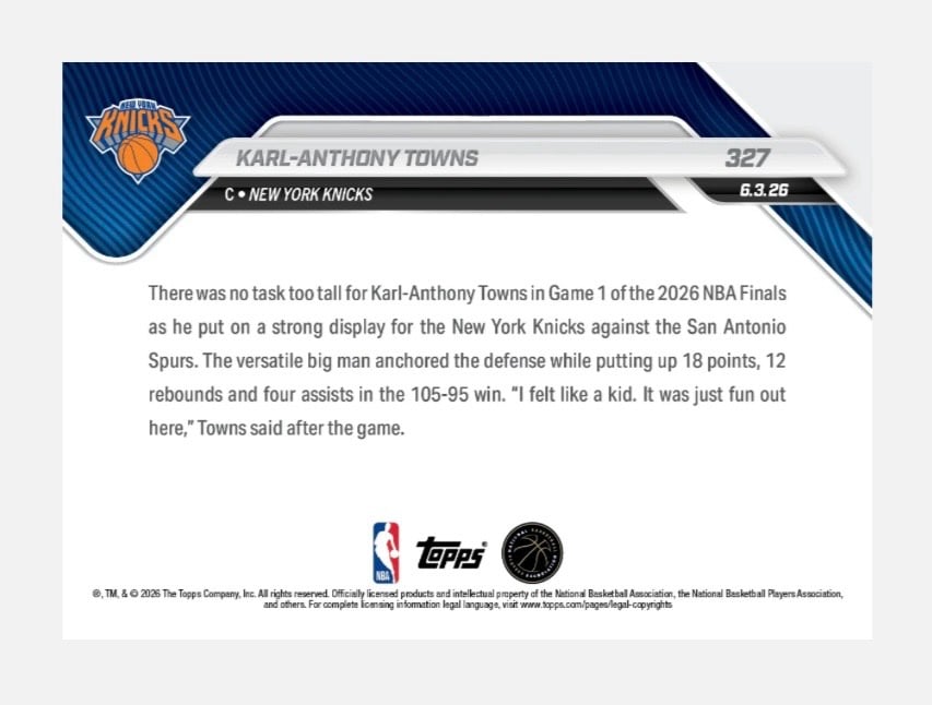 Karl-Anthony Towns 2026 Topps NOW #327 NBA Finals Knicks 4501 PR