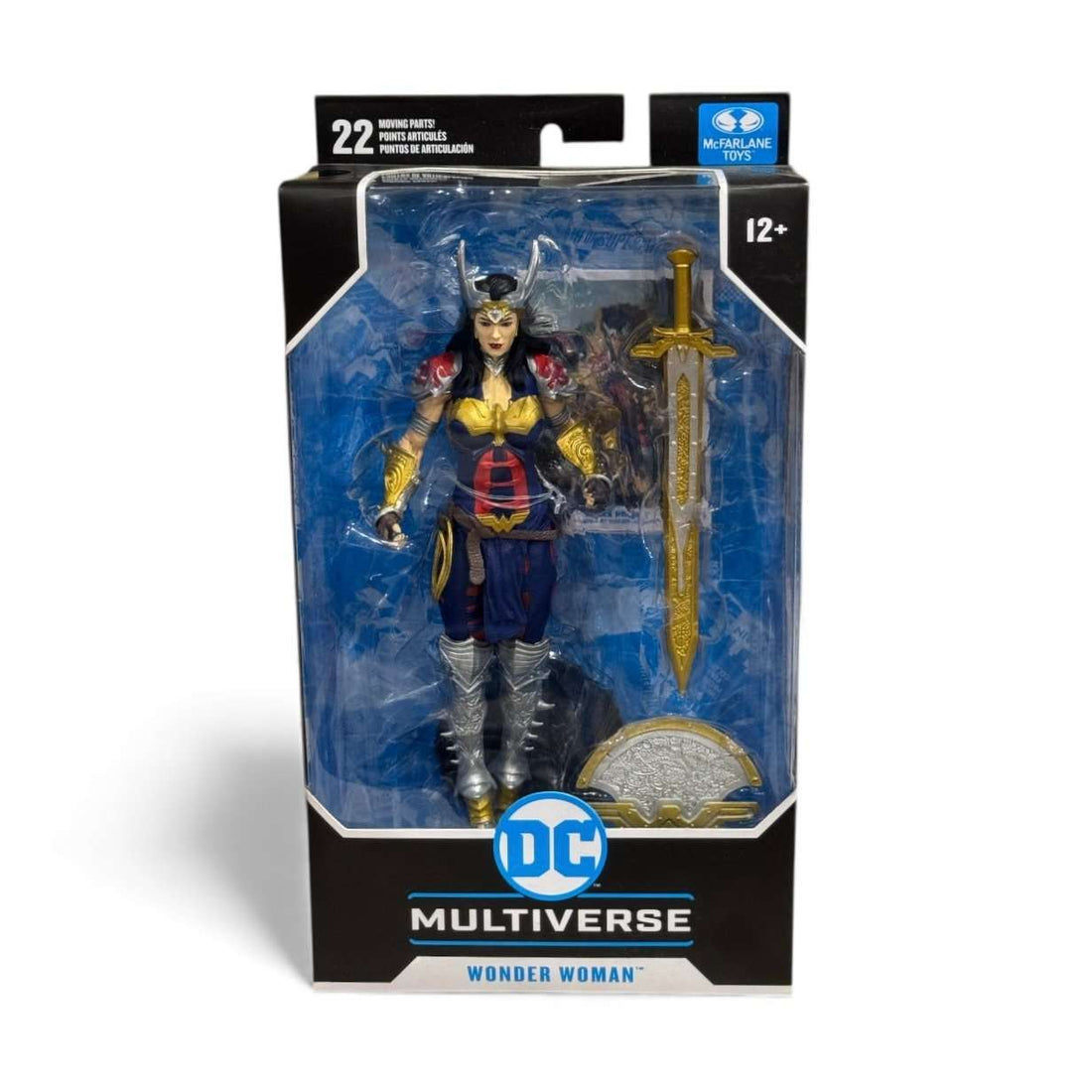 Wonder Woman DC Multiverse action figure by Todd McFarlane with 22 articulation points, gold sword, and display base in sealed packaging