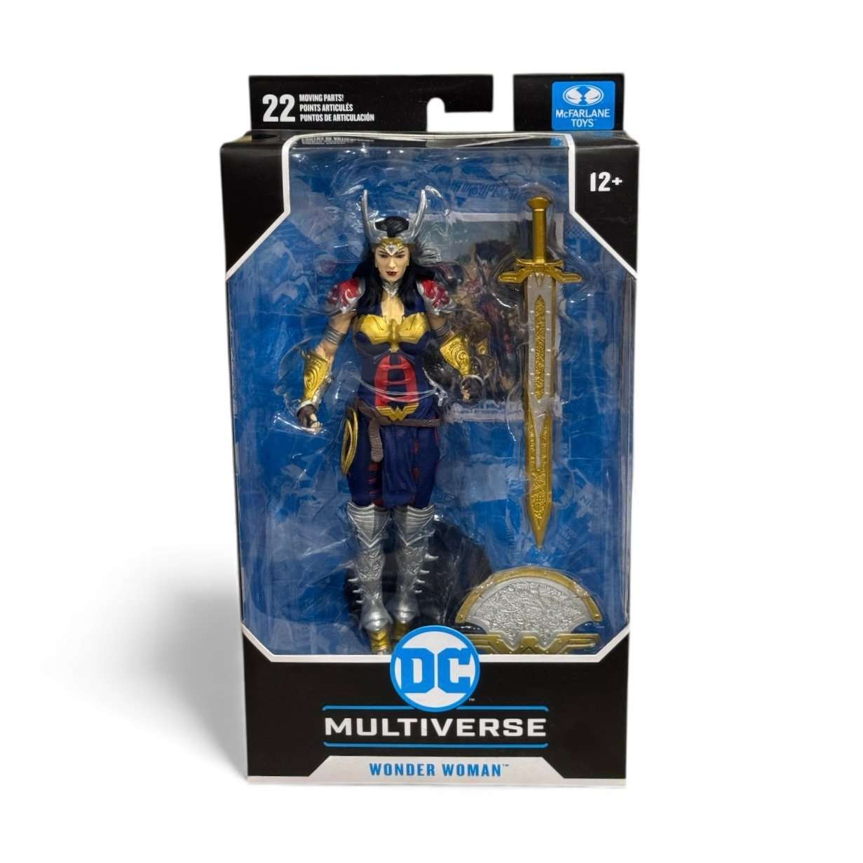 Wonder Woman DC Multiverse action figure by Todd McFarlane with 22 articulation points, gold sword, and display base in sealed packaging