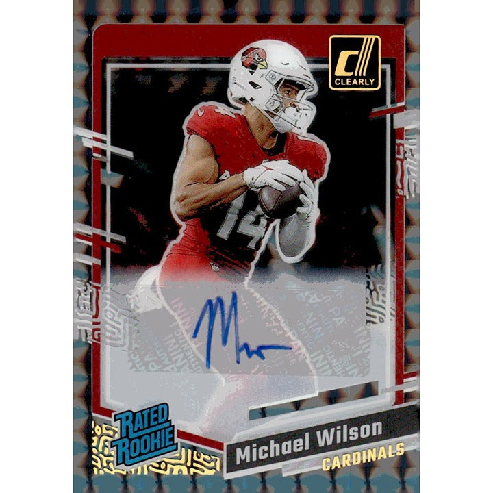 Michael Wilson RC Auto 2023 Donruss CLEAR Series Cardinals football card #76 with clear parallel design and rookie feature