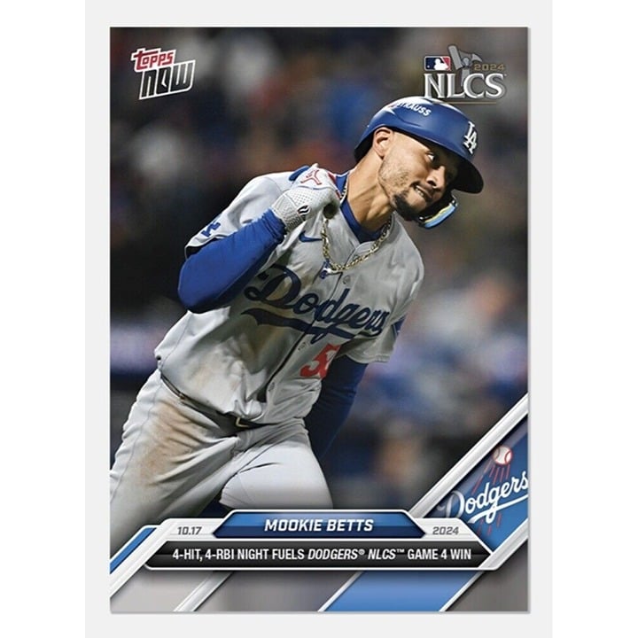 Mookie Betts 2024 Topps Now MLB card showing 4 hits and 4 RBI in NLCS game with Los Angeles Dodgers
