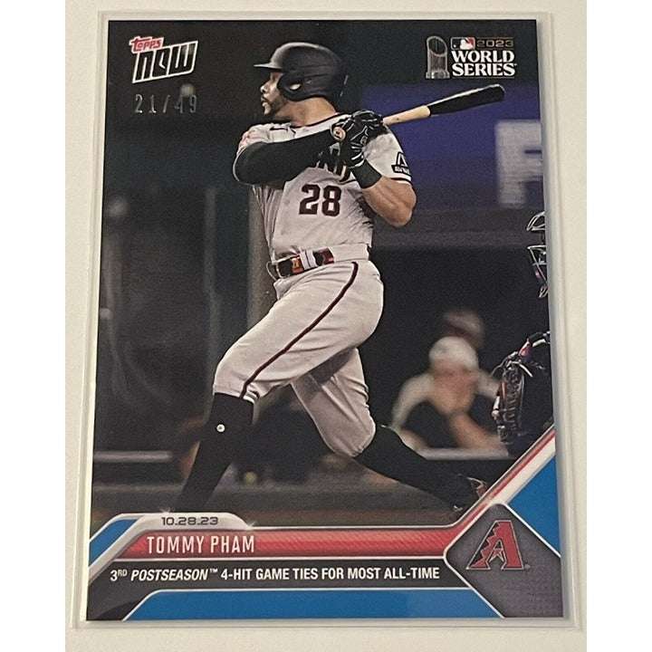 Tommy Pham baseball trading card Topps Now 2023 MLB World Series limited edition 21 of 49 in Arizona Diamondbacks uniform batting stance