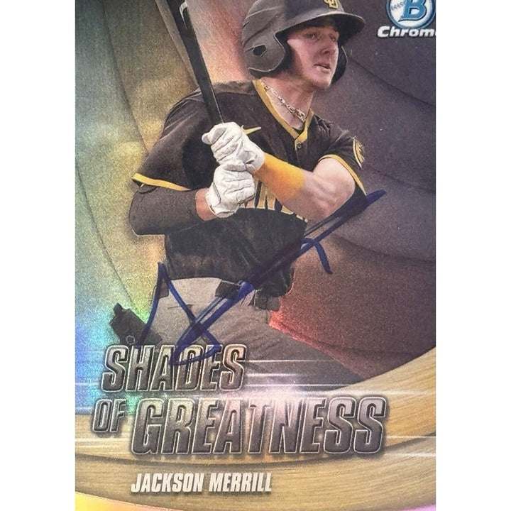 2022 Bowman Chrome Jackson Merrill Shades of Greatness rookie autograph baseball card Padres