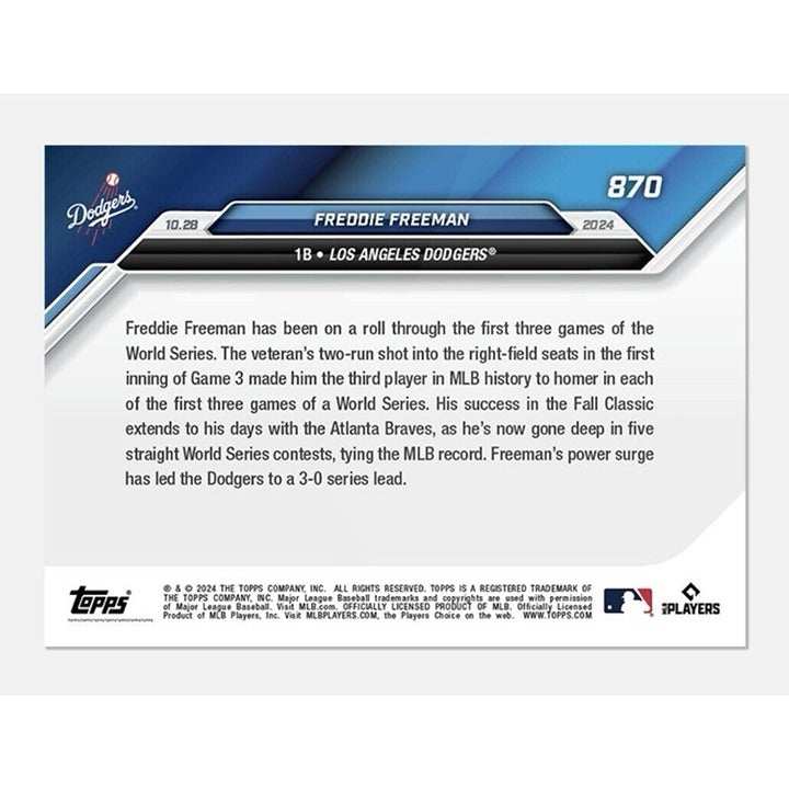 Freddie Freeman LA Dodgers 2024 Topps NOW baseball card celebrating 5th straight World Series home run