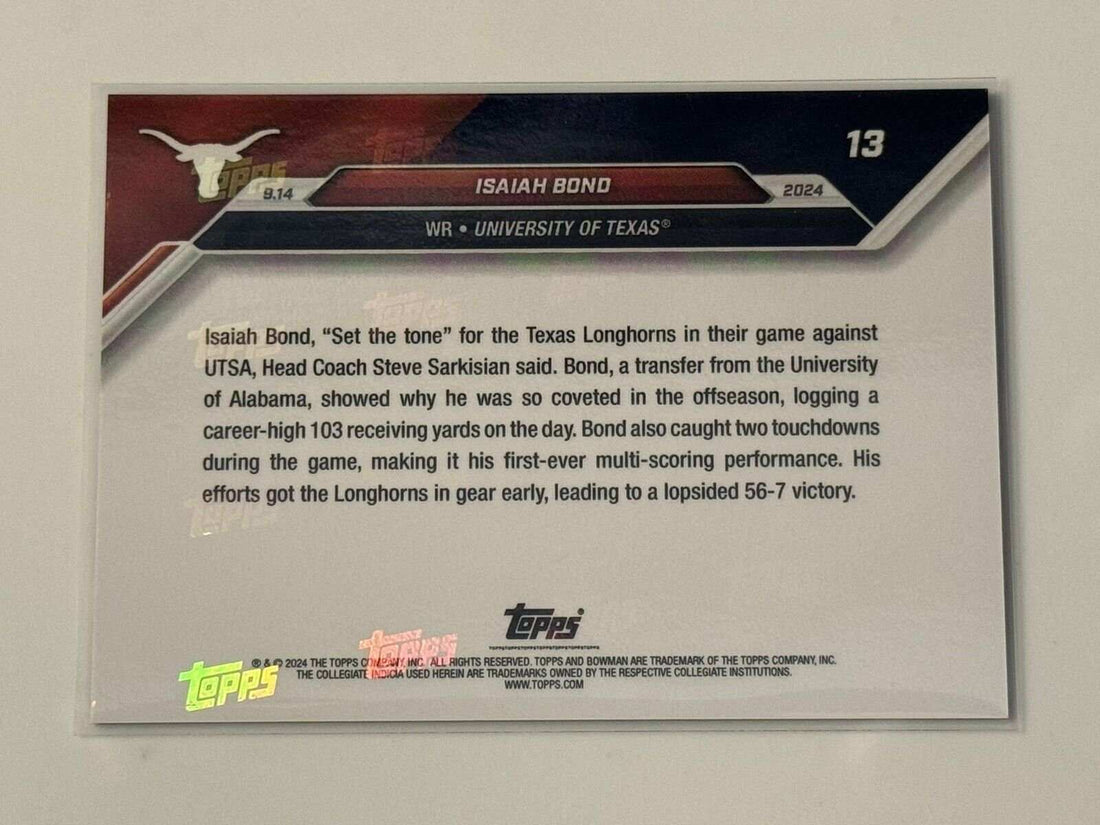 Isaiah Bond RC 2024 Texas Longhorns football trading card Bowman U Now