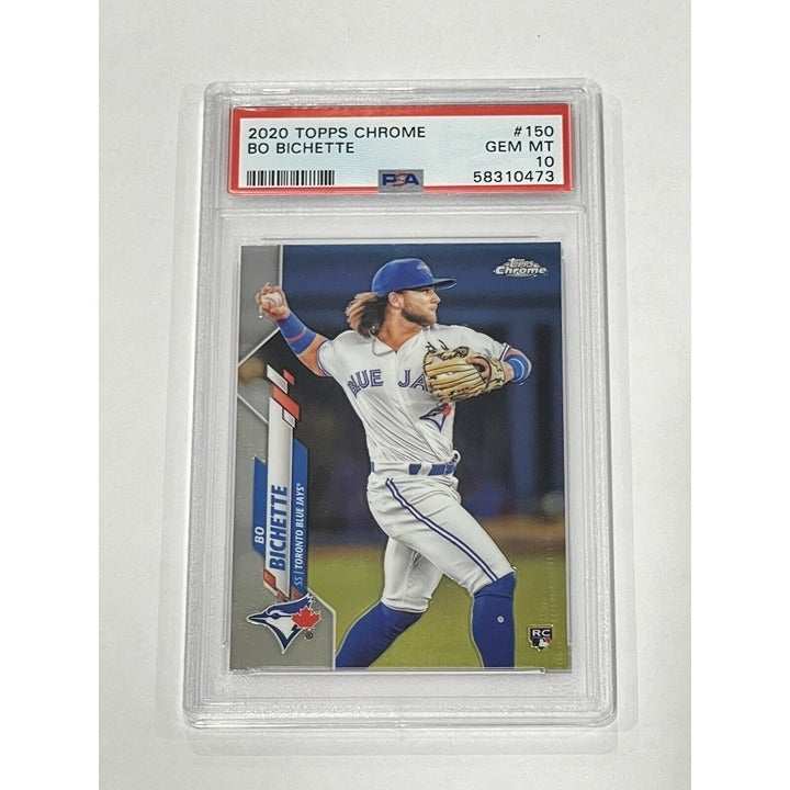 2020 Topps Chrome Bo Bichette Rookie Card #150 PSA 10 in protective case showing Blue Jays uniform action shot