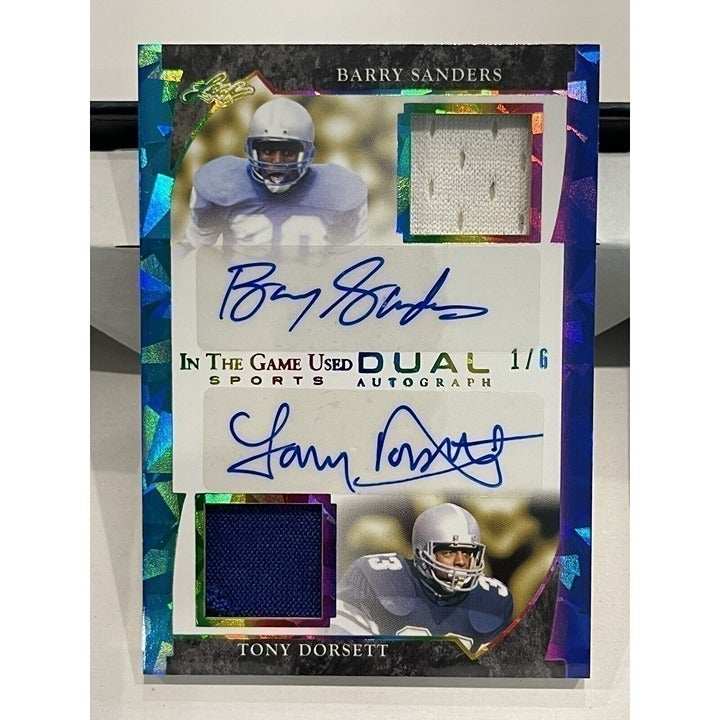 2022 Leaf In Game Used dual jersey autograph card of Barry Sanders and Tony Dorsett graded SGC 9.5