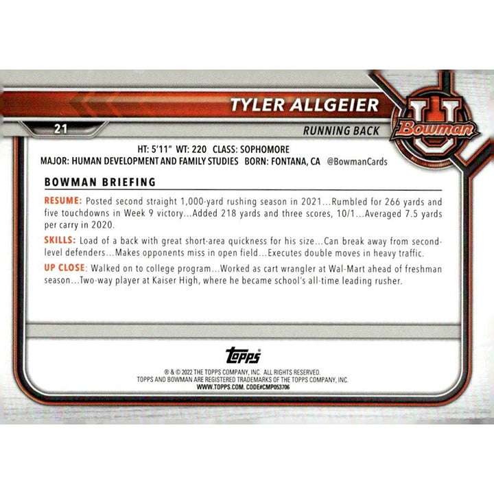 2021-22 Bowman University Tyler Allgeier RC football trading card in BYU Cougars uniform