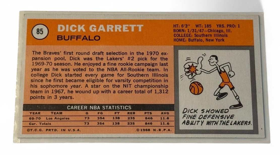 1970-71 Topps Dick Garrett Tallboy basketball card with sharp corners and Buffalo Braves team design