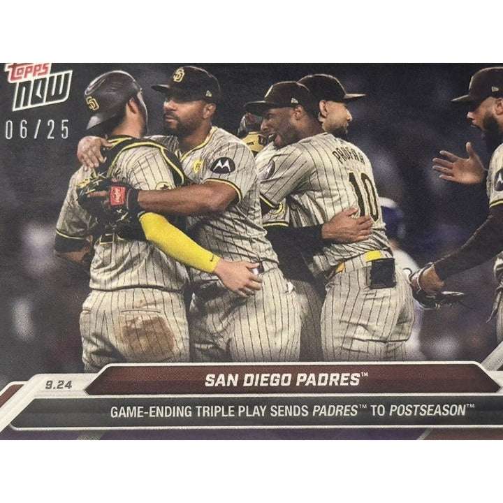San Diego Padres 6/25 limited edition 2024 Topps Now Triple Play postseason baseball card featuring team celebration