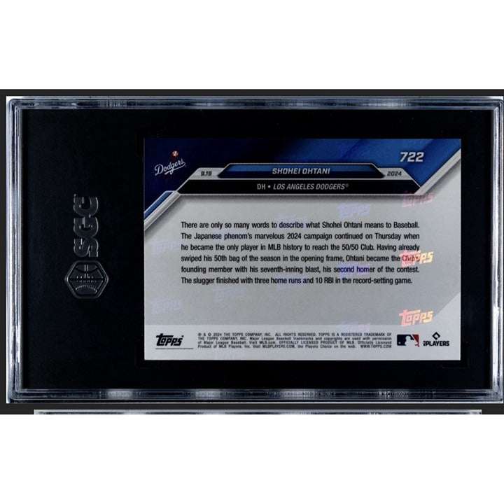 2024 Topps Now Shohei Ohtani #722 graded baseball card with Dodgers and 50/50 player milestone