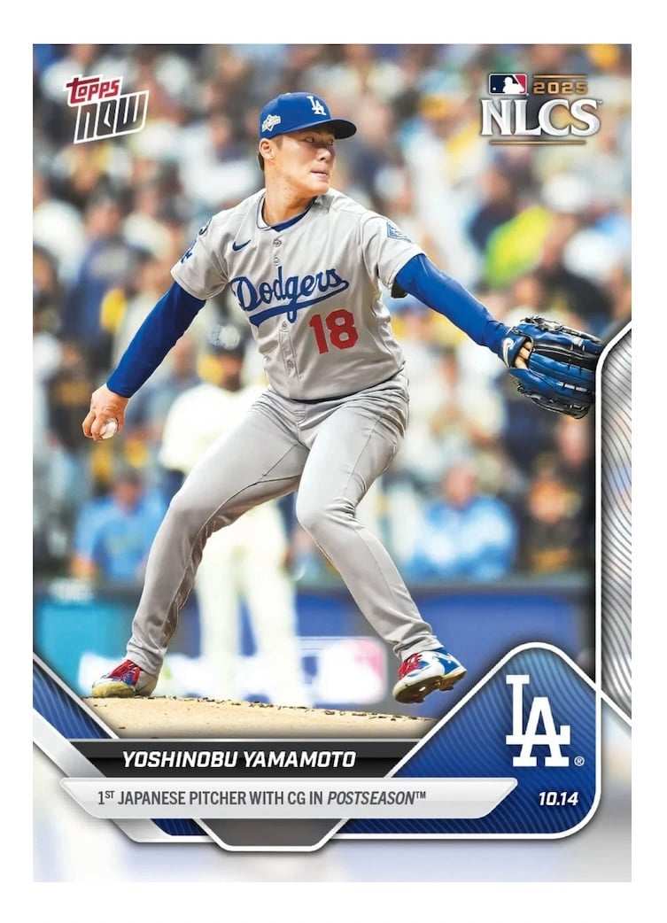 Yoshinobu Yamamoto 2025 Topps Now NLCS card showing Dodgers pitcher throwing complete game in postseason