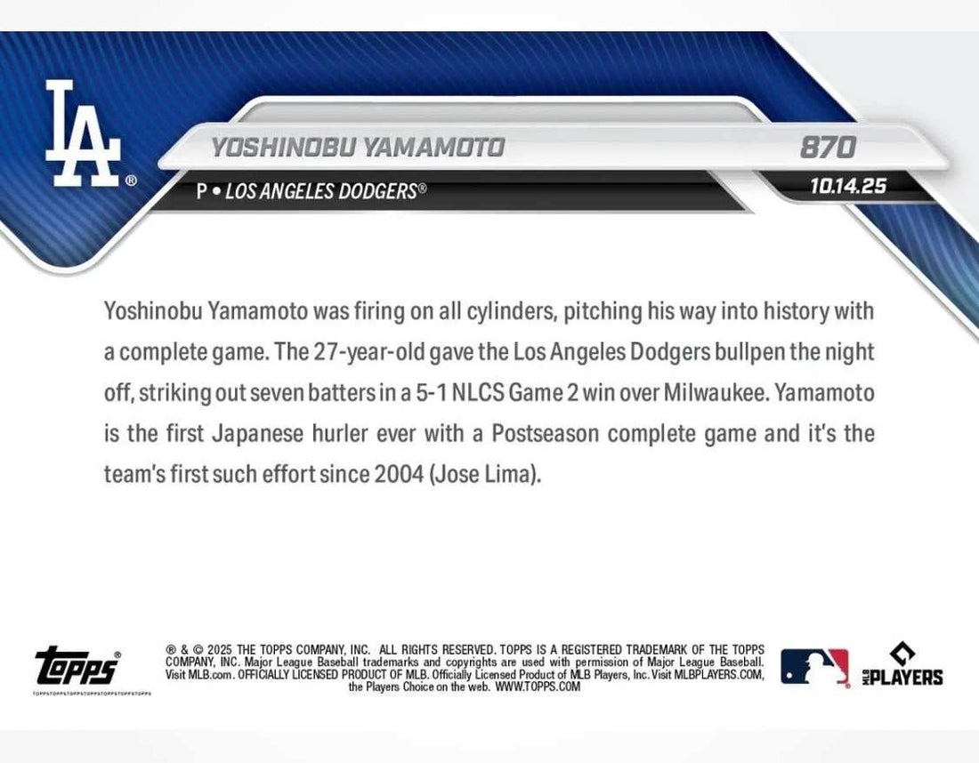 Yoshinobu Yamamoto 2025 Topps Now NLCS card showing Dodgers pitcher throwing complete game in postseason