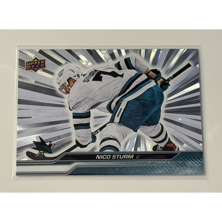 2023-24 Upper Deck Silver Burst Nico Sturm hockey card #393 San Jose Sharks