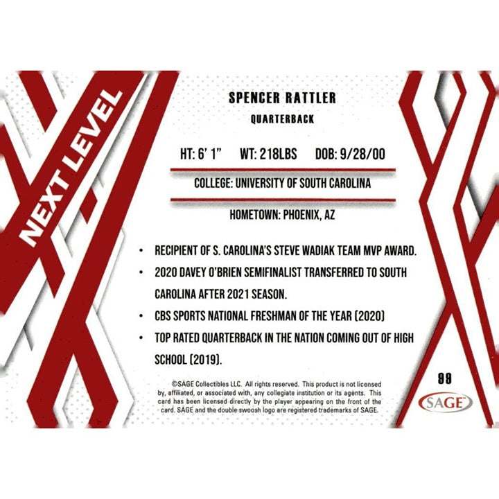 2024 SAGE HIT Spencer Rattler NFL football card #99 in South Carolina Gamecocks uniform
