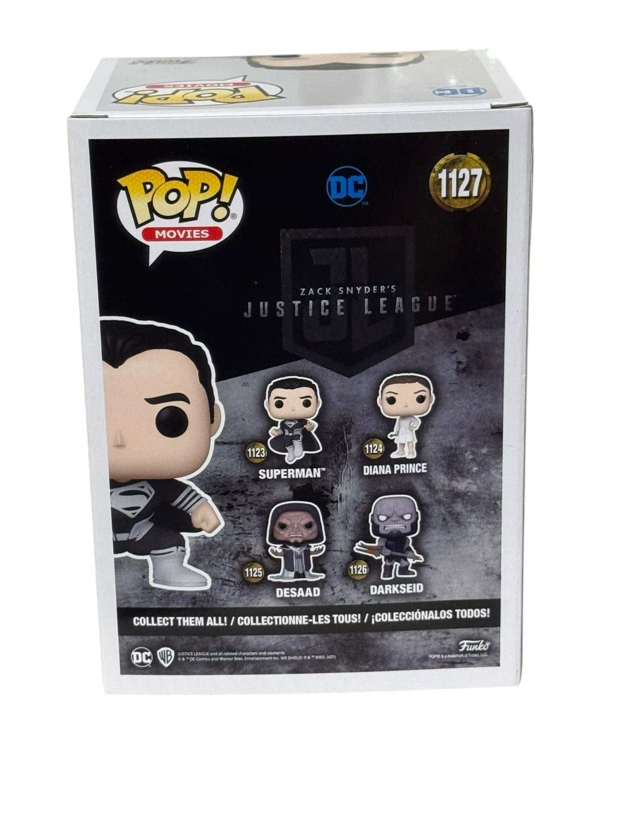 Superman Black Suit Funko Pop 1127 box back showing Zack Snyder’s Justice League characters collection
