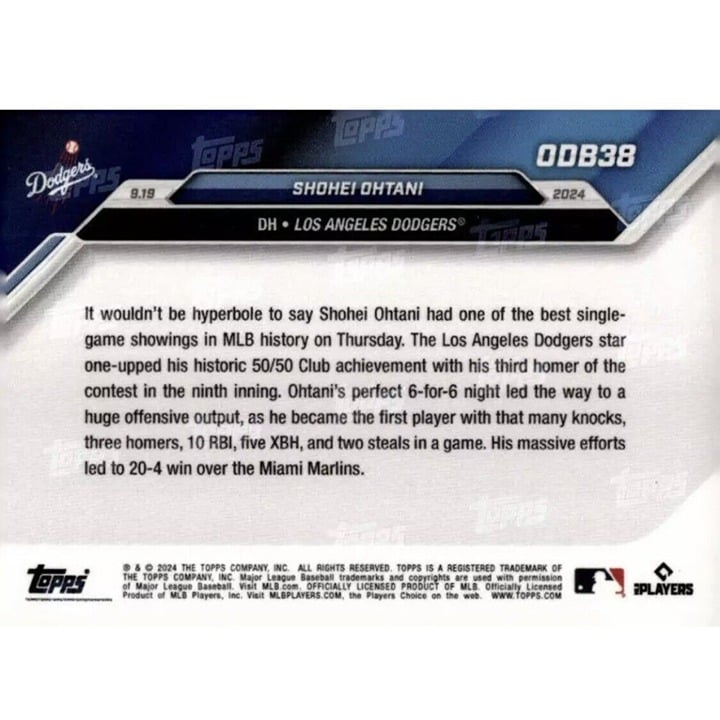 Shohei Ohtani Gold SP 2024 Topps NOW Bonus Card #ODB38 with 3 HR game, LA Dodgers trading card