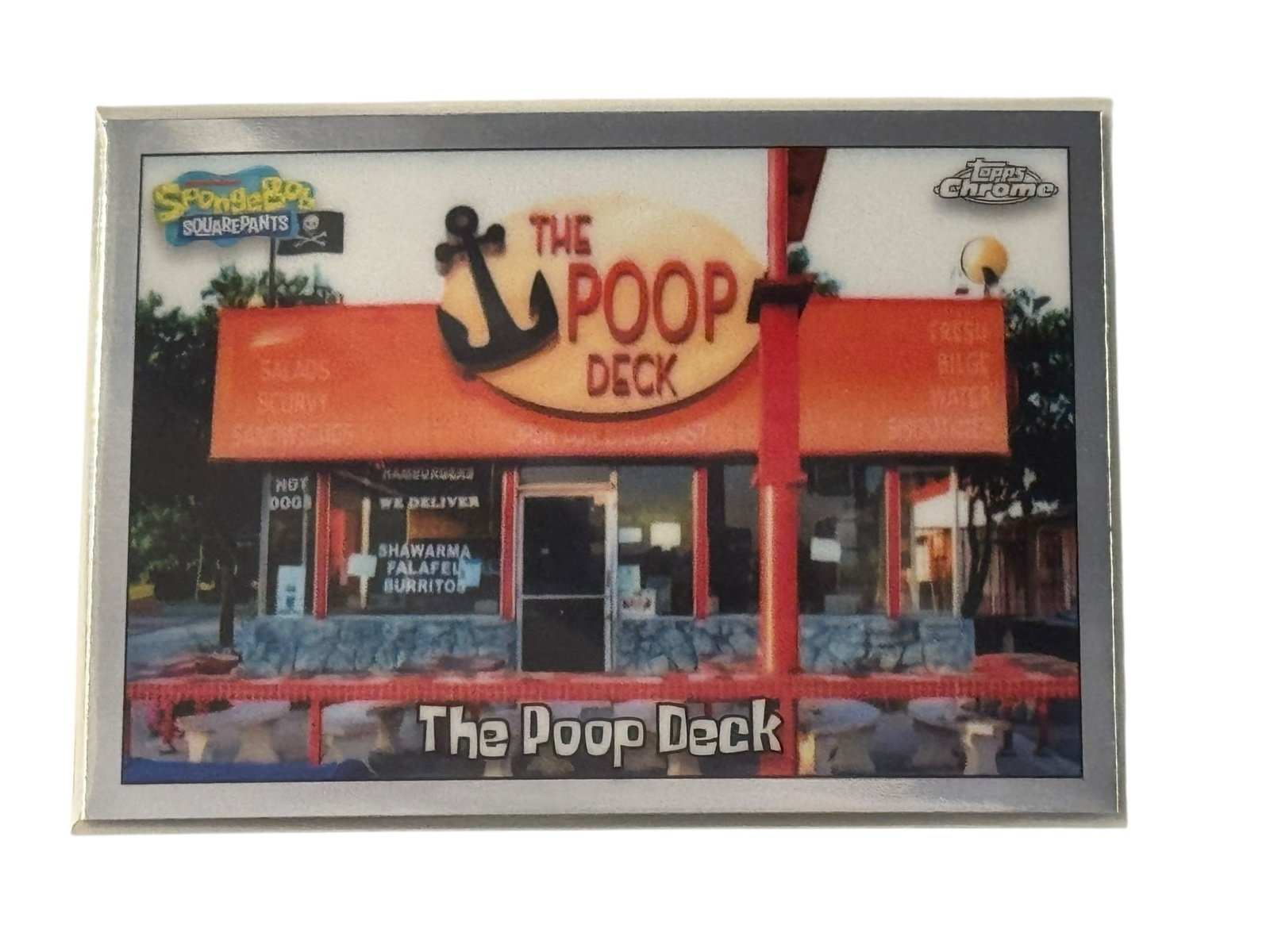Topps Chrome SpongeBob 25th Anniversary trading card featuring The Poop Deck restaurant scene from Patchy the Pirate storyline