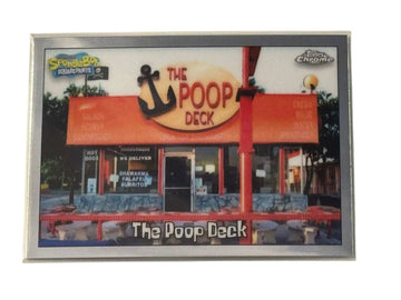 Topps Chrome SpongeBob 25th Anniversary trading card featuring The Poop Deck restaurant scene from Patchy the Pirate storyline