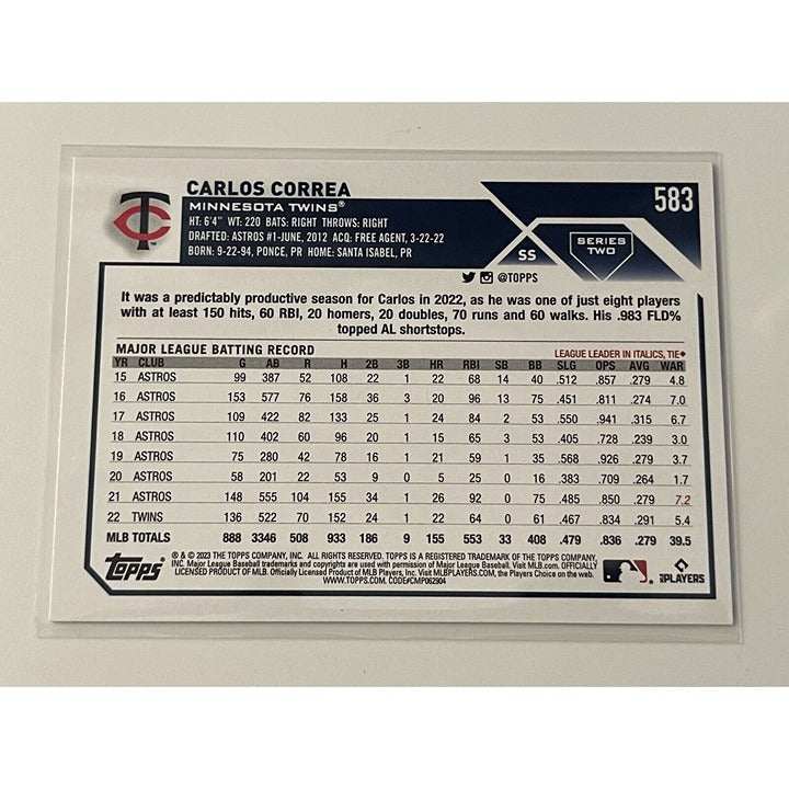 Carlos Correa 2023 Topps Update Series 1 MLB trading card featuring Minnesota Twins shortstop in refractor style
