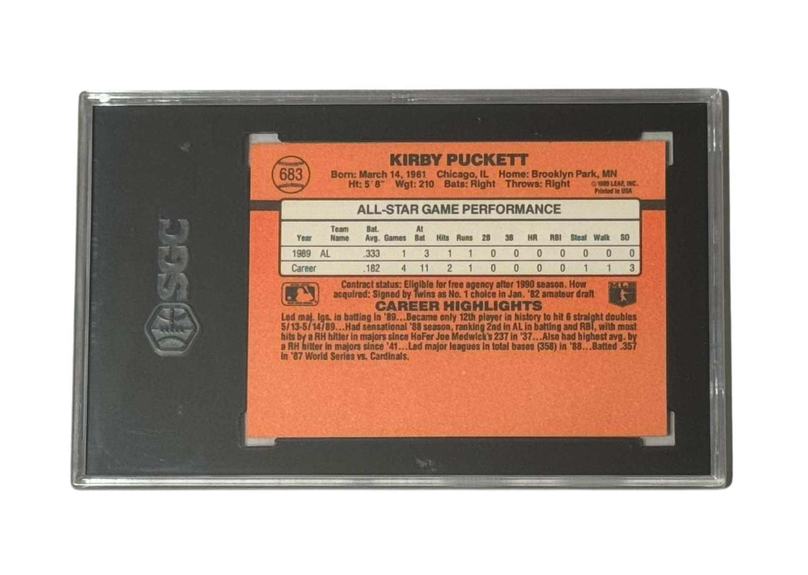 Kirby Puckett 1990 Donruss All-Star #683 graded SGC 9 MINT Minnesota Twins baseball card back view