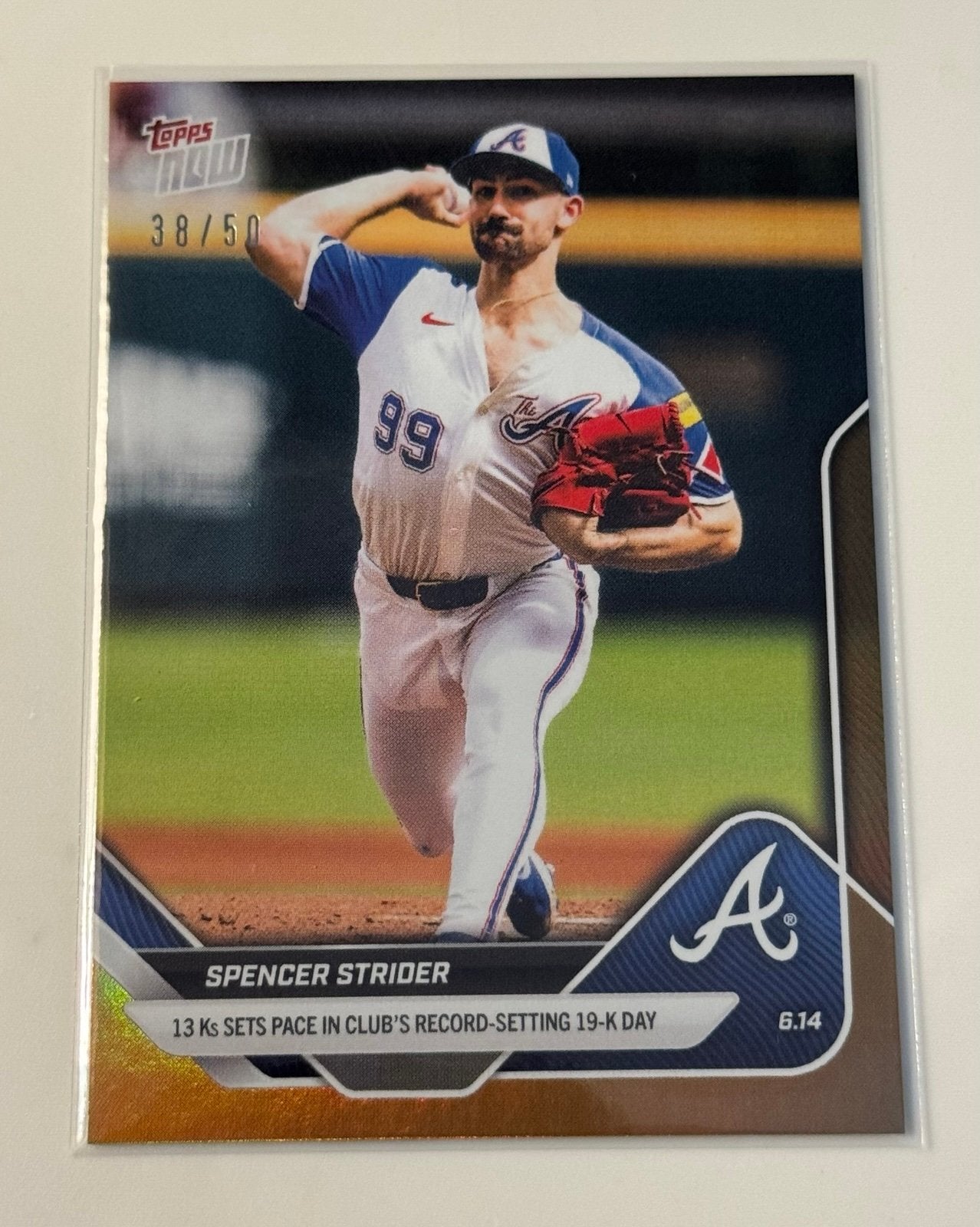 38/50 - 2025 MLB Topps Now Spencer Strider 13ks leads Braves K Record* Card #296