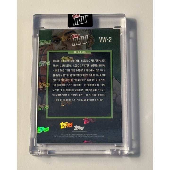 2023-24 Topps Now Victor Wembanyama NBA rookie card in protective case with "Youngest Ever 5x5" design