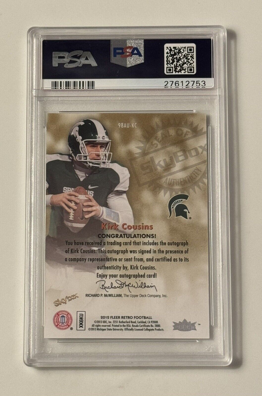 Kirk Cousins 2012 Fleer Retro Autographics rookie card PSA 10 with authentic autograph in protective case