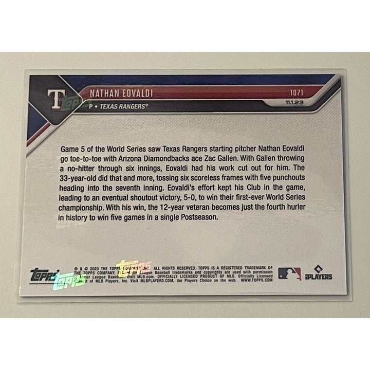 2023 MLB TOPPS NOW Nathan Edvaldi Texas Rangers blue parallel World Series Champs baseball card