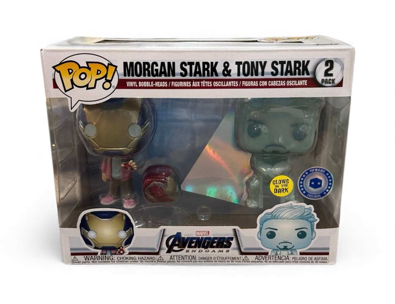 Funko Pop Morgan Stark and Tony Stark 2-pack Glow in the Dark Avengers Endgame exclusive collectible in box