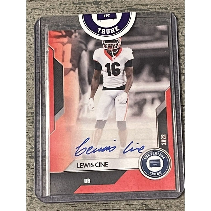 Lewis Cine Rookie 2022 autographed football card #12/50 from The Players Trunk, featuring Vikings/Bulldogs design in protective case