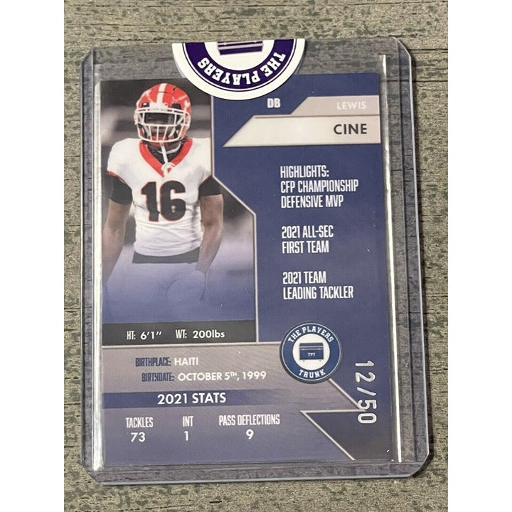Lewis Cine Rookie 2022 Autograph card #12/50 from The Players Trunk NFL Vikings/Bulldogs in protective case