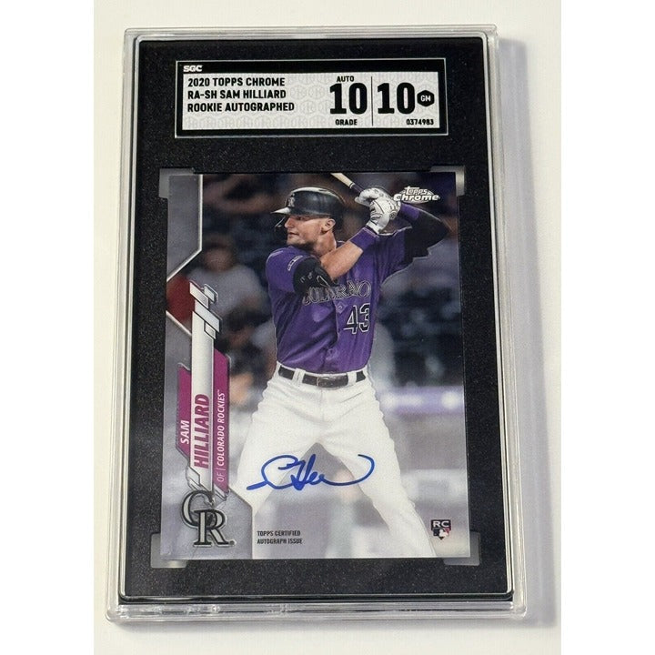 Sam Hilliard 2020 Topps Chrome Rookie Autograph baseball card graded SGC 10 Gem Mint with Rockies team signature