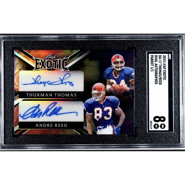 1/1 2023 Leaf Exotic Thurman Thomas Andre Reed Chameleon NFL Bills SGC 8/10 AUTO