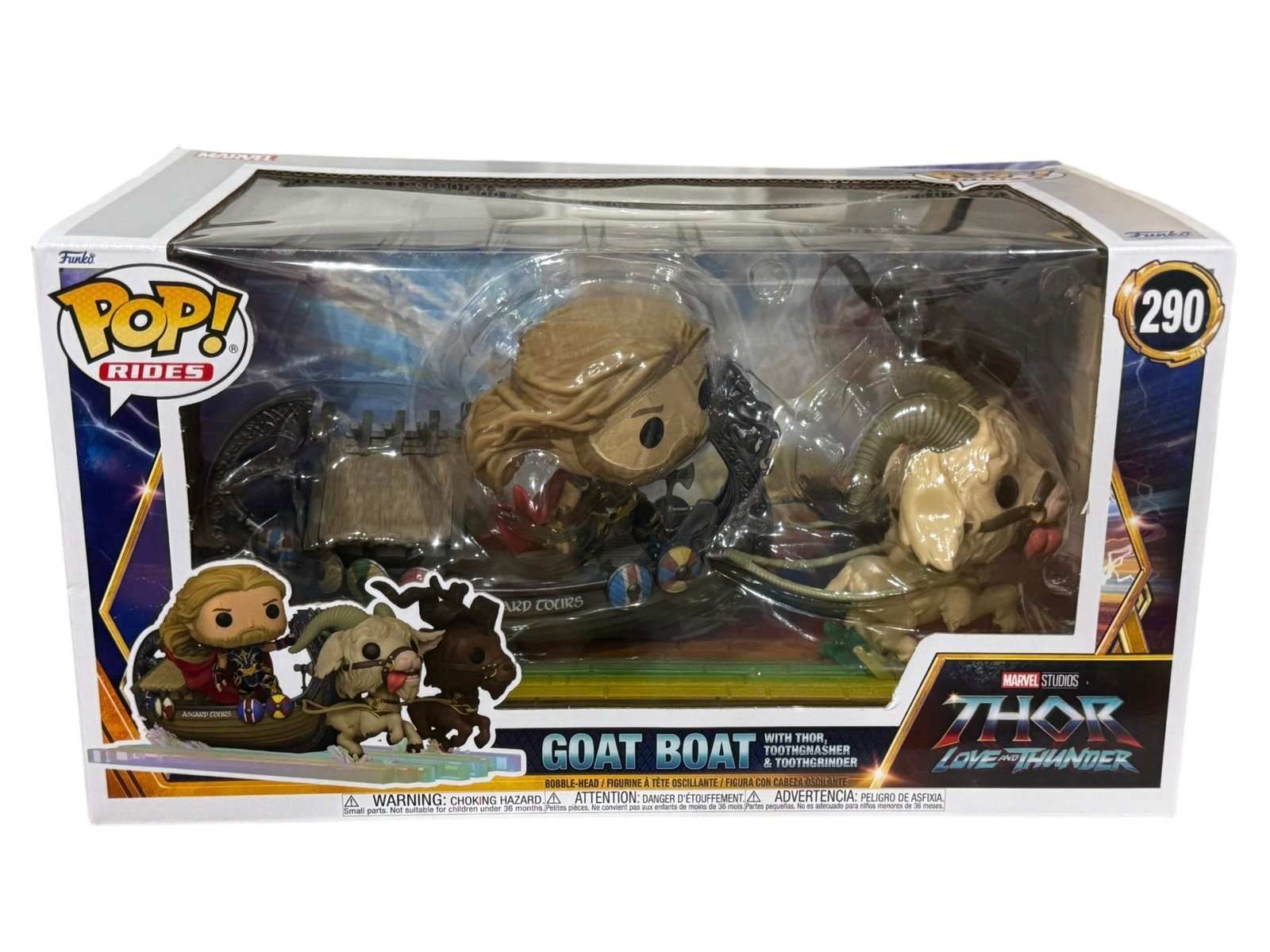 Funko Pop Rides Thor Love and Thunder Goat Boat collectible figure with Thor and Toothgnasher Toothgrinder in window box packaging