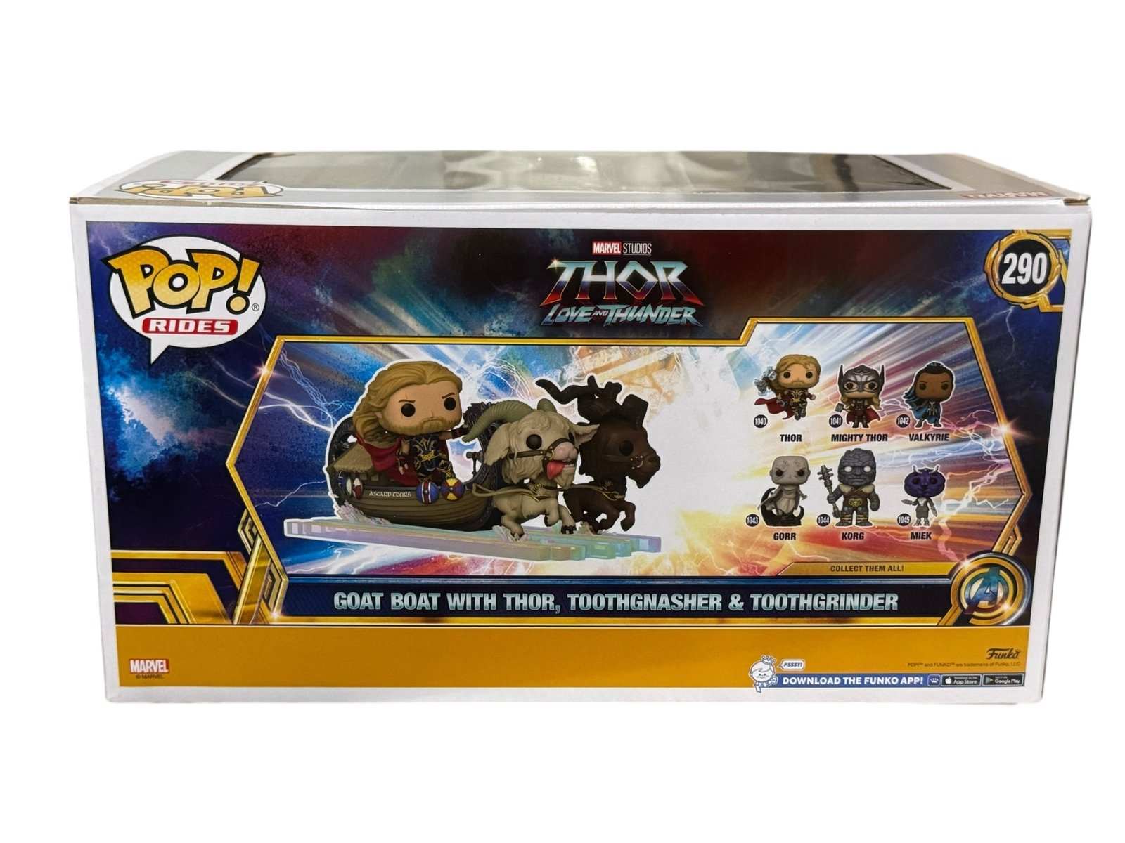 Funko Pop Rides Thor Love and Thunder Goat Boat collectible with Toothgnasher and Toothgrinder in display box