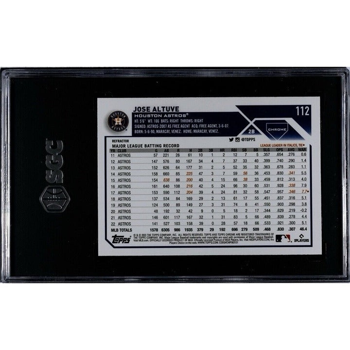 Back side of 2023 Jose Altuve Topps Chrome refractor baseball card graded SGC 9.5 showing Houston Astros stats