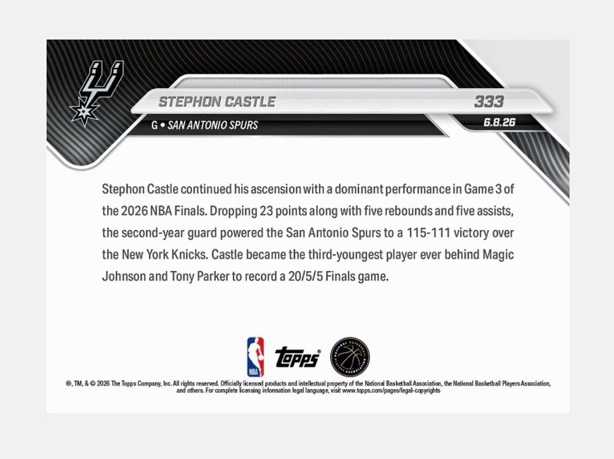 Stephon Castle 2026 Topps NOW #333 NBA Finals Spurs 6508 PR