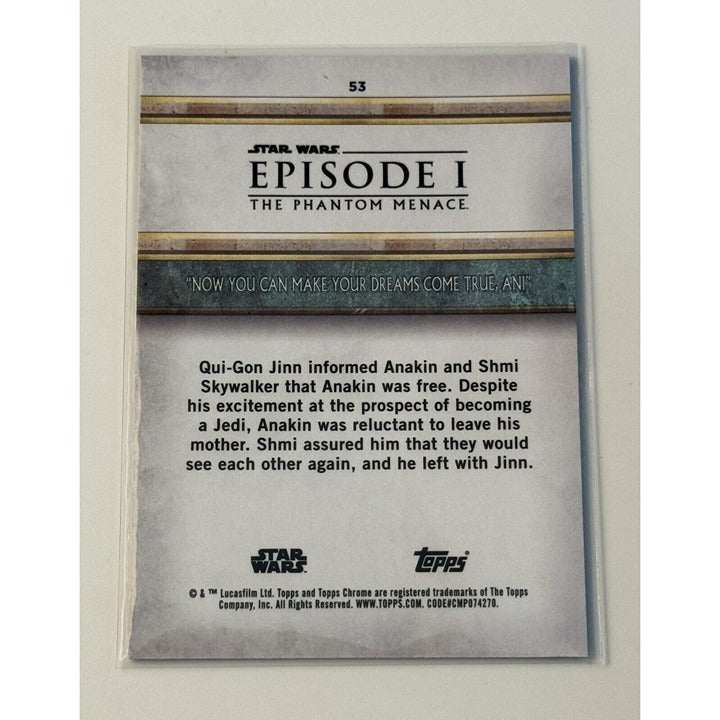 2024 Topps Chrome Sapphire Star Wars Episode I Phantom Menace trading card featuring Anakin and Shmi Skywalker