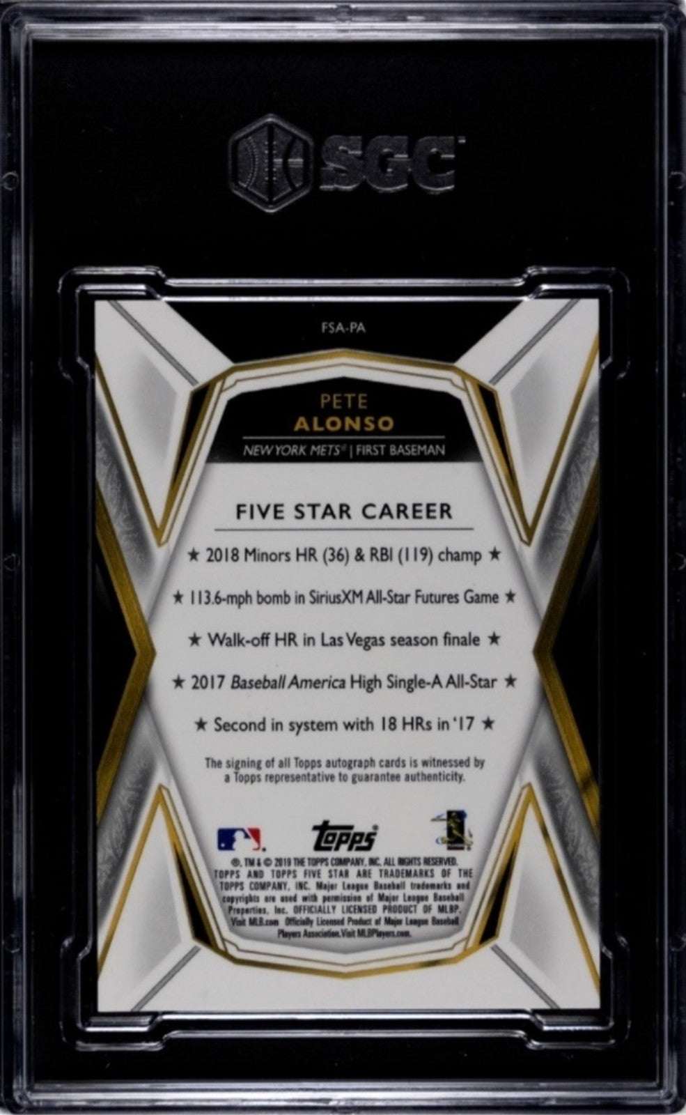 2019 TOPPS FIVE STAR Pete Alonso autographed rookie card graded SGC 9