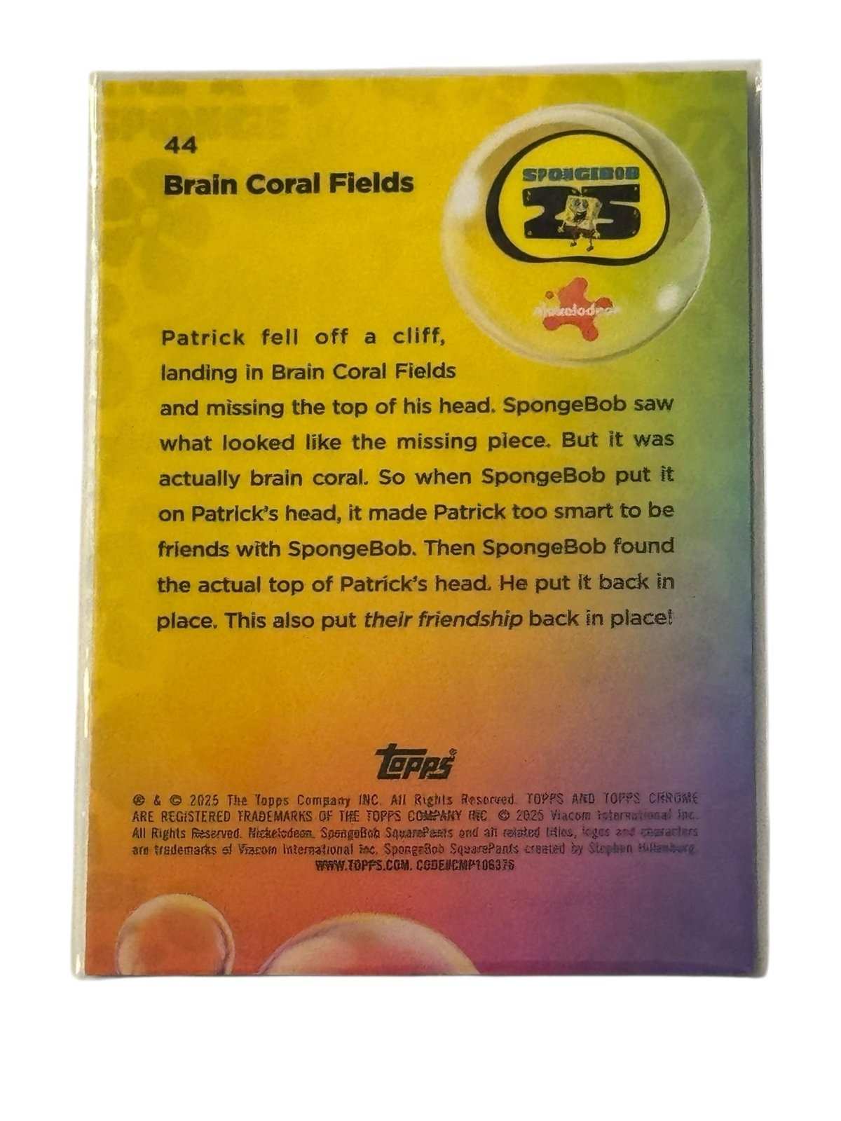 2025 Topps Chrome SpongeBob Brain Coral Fields #44 card near mint condition featuring Patrick scene