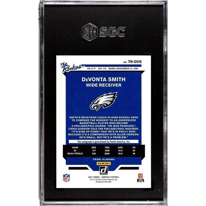2021 Panini Donruss DeVonta Smith RC autographed football card graded 10, serial 3/299
