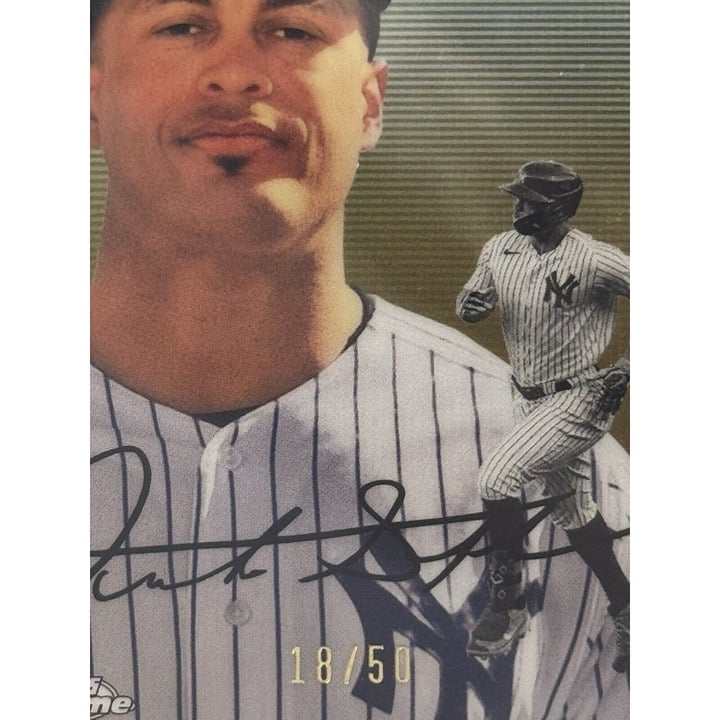Limited edition Giancarlo Stanton 2023 Topps Chrome Platinum Gold Refractor Yankees baseball card #399