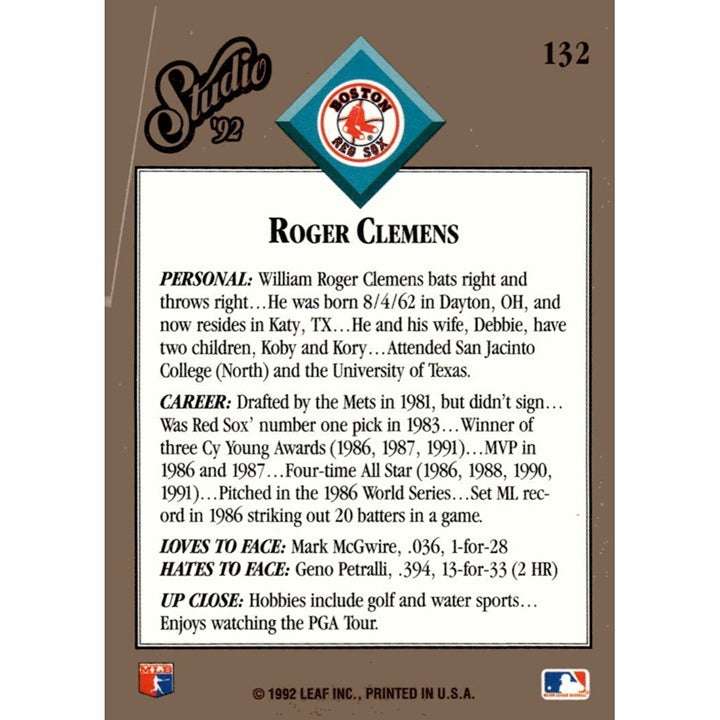 1992 Leaf Studio Roger Clemens Boston Red Sox baseball card vintage design