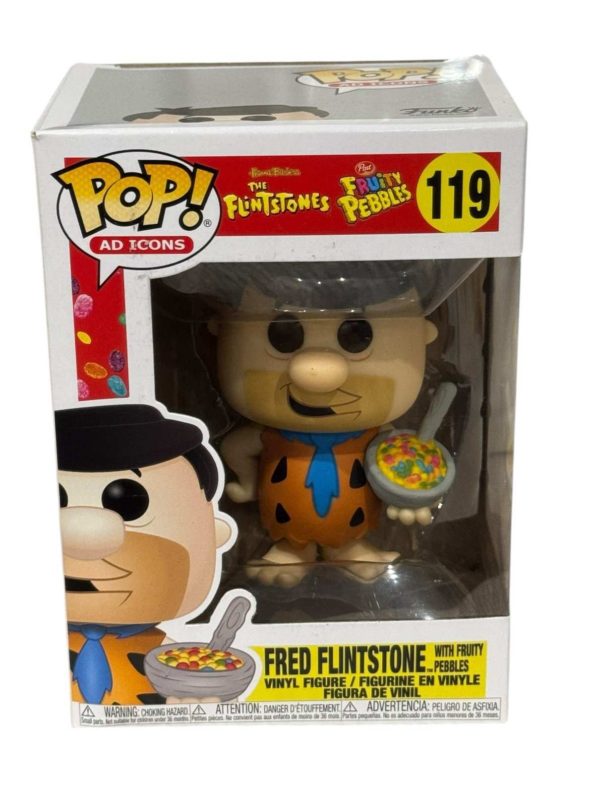 Fred Flintstone Funko Pop 119 holding Fruity Pebbles cereal in box