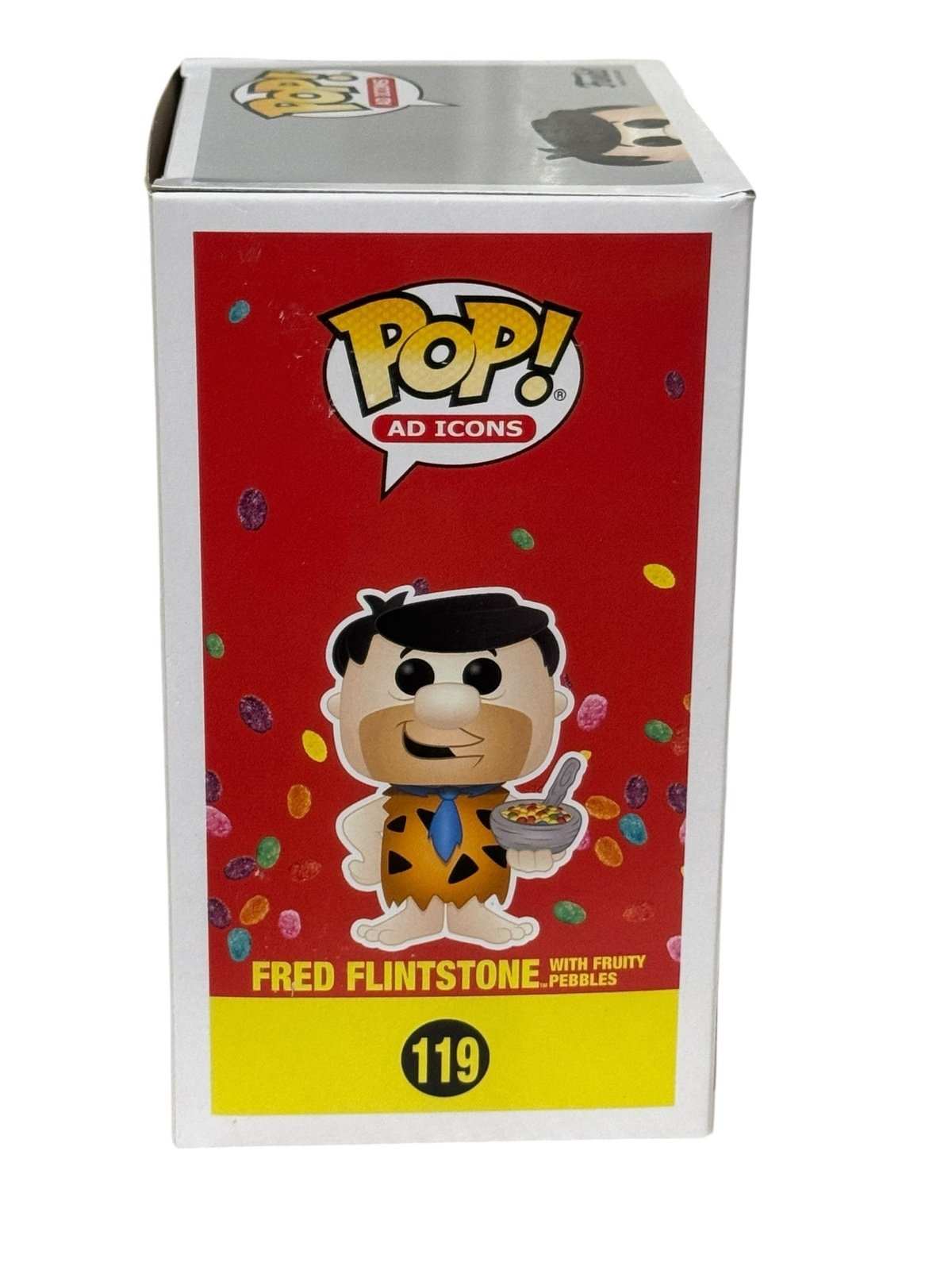 Fred Flintstone Funko Pop 119 holding Fruity Pebbles cereal collectible box